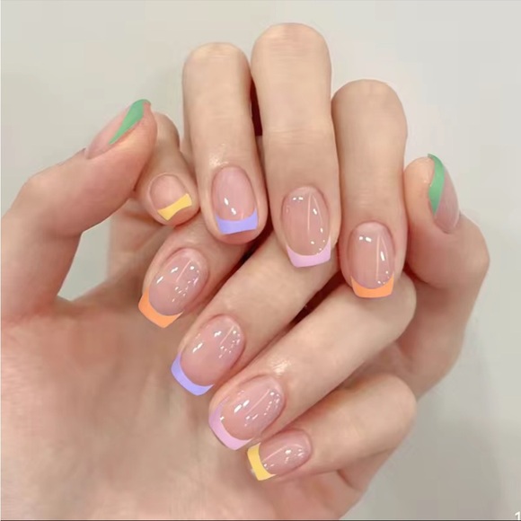 Acrylic Square Tip Pastel French Manicure Rainbow Nails Professional Short Color - Picture 1 of 6